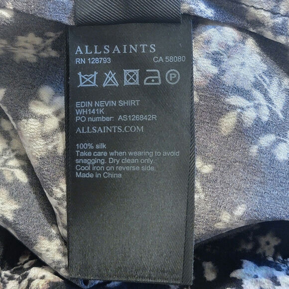 AllSaints Silk Floral Ruffle Long Sleeve Button Down Blouse Black Sz2 Chic Femme - Picture 14 of 16